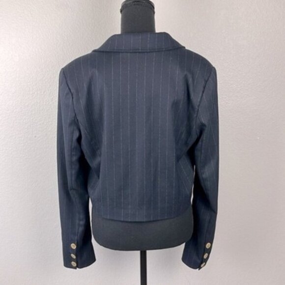 Free People Crop Blazer Tailored Navy Pinstripe Collared Gold Buttons Jacket M - Picture 4 of 12
